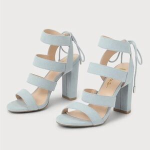 Lulu's Marlena Blue Grey Suede Caged Lace-Up Heel